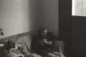 On the sofa in the living room at 12 Tolmers Square