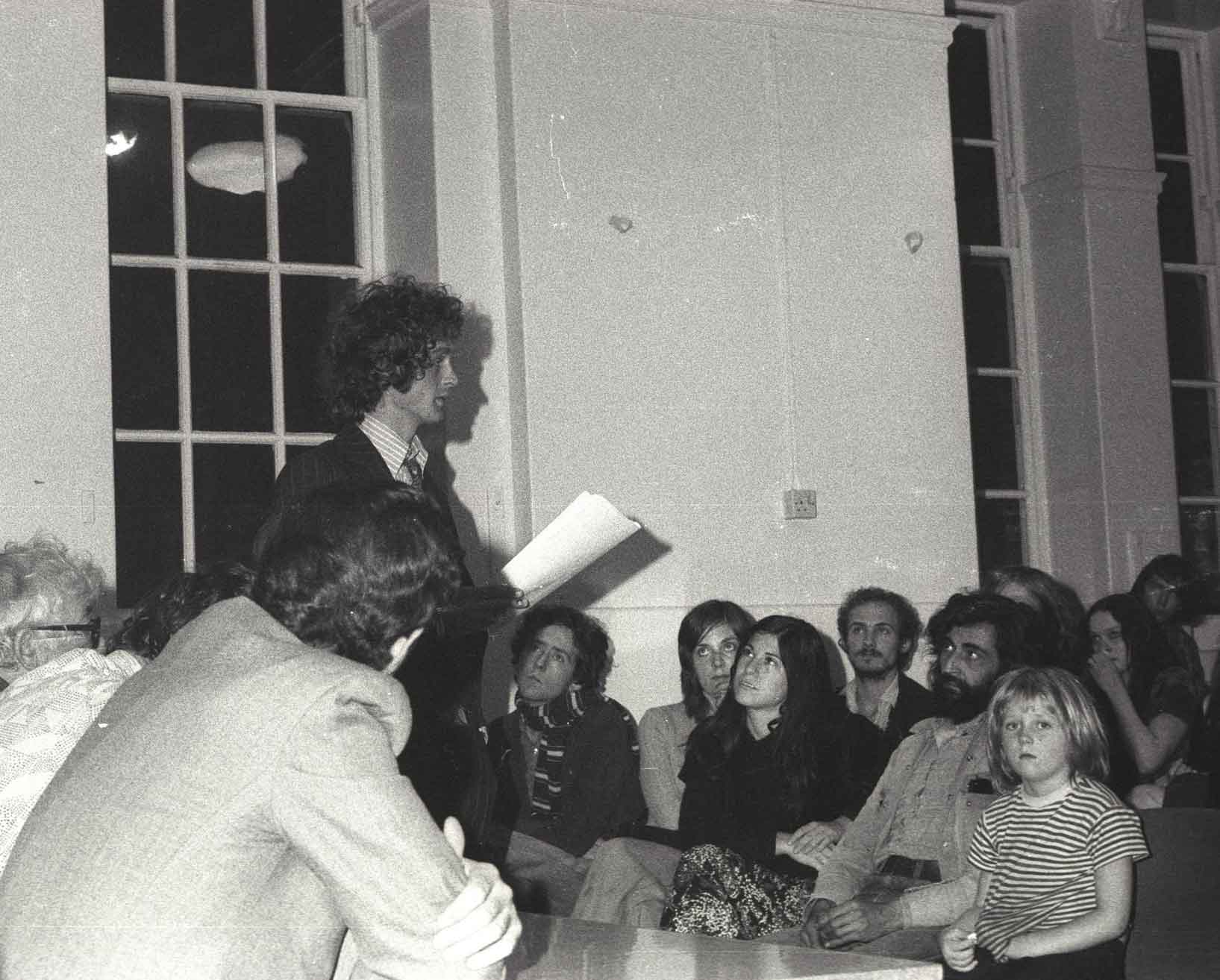 Patrick Allen addresses a public meeting, 1975