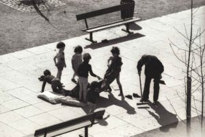 Playing in the centre of Tolmers Square, 1976