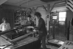 Poster workshop run by a group of radical artists in a squat on the south side of Tolmers Square, 1976